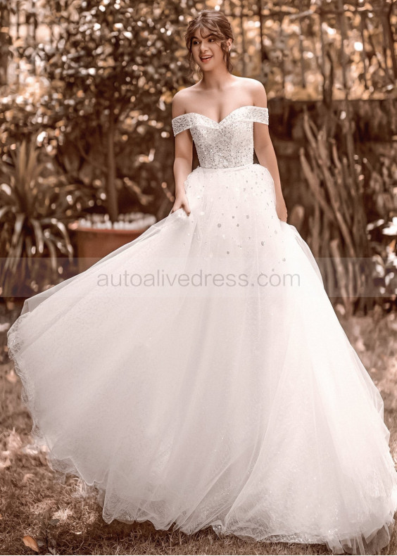 Off Shoulder Ivory Bling Bling Tulle Wedding Dress